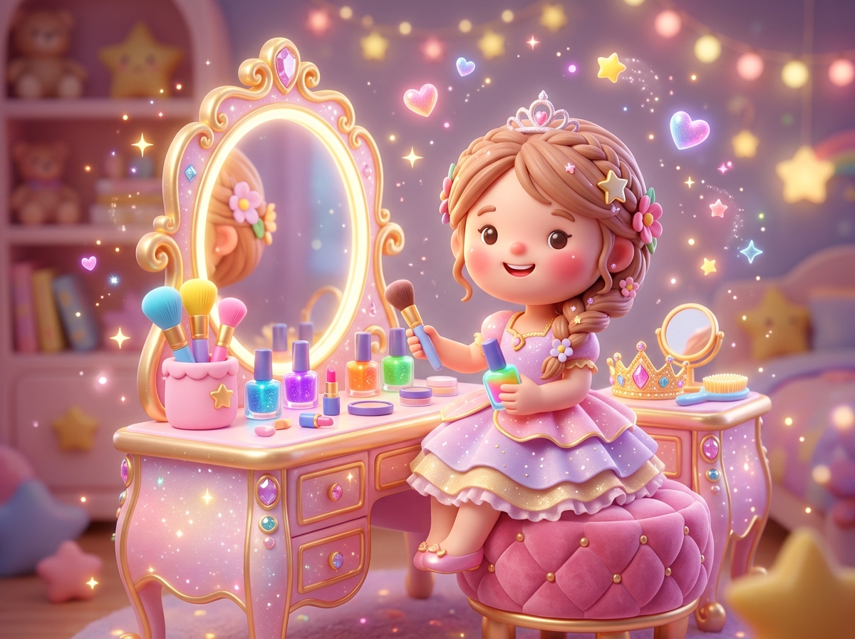 A cartoon princess at a sparkly vanity mirror with makeup and nail polish
