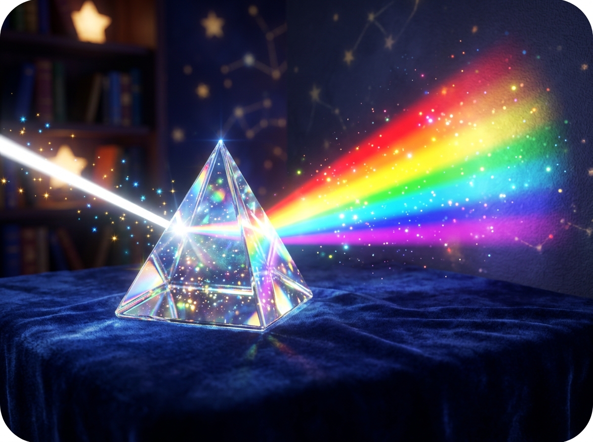 A glass prism splitting white light into a rainbow